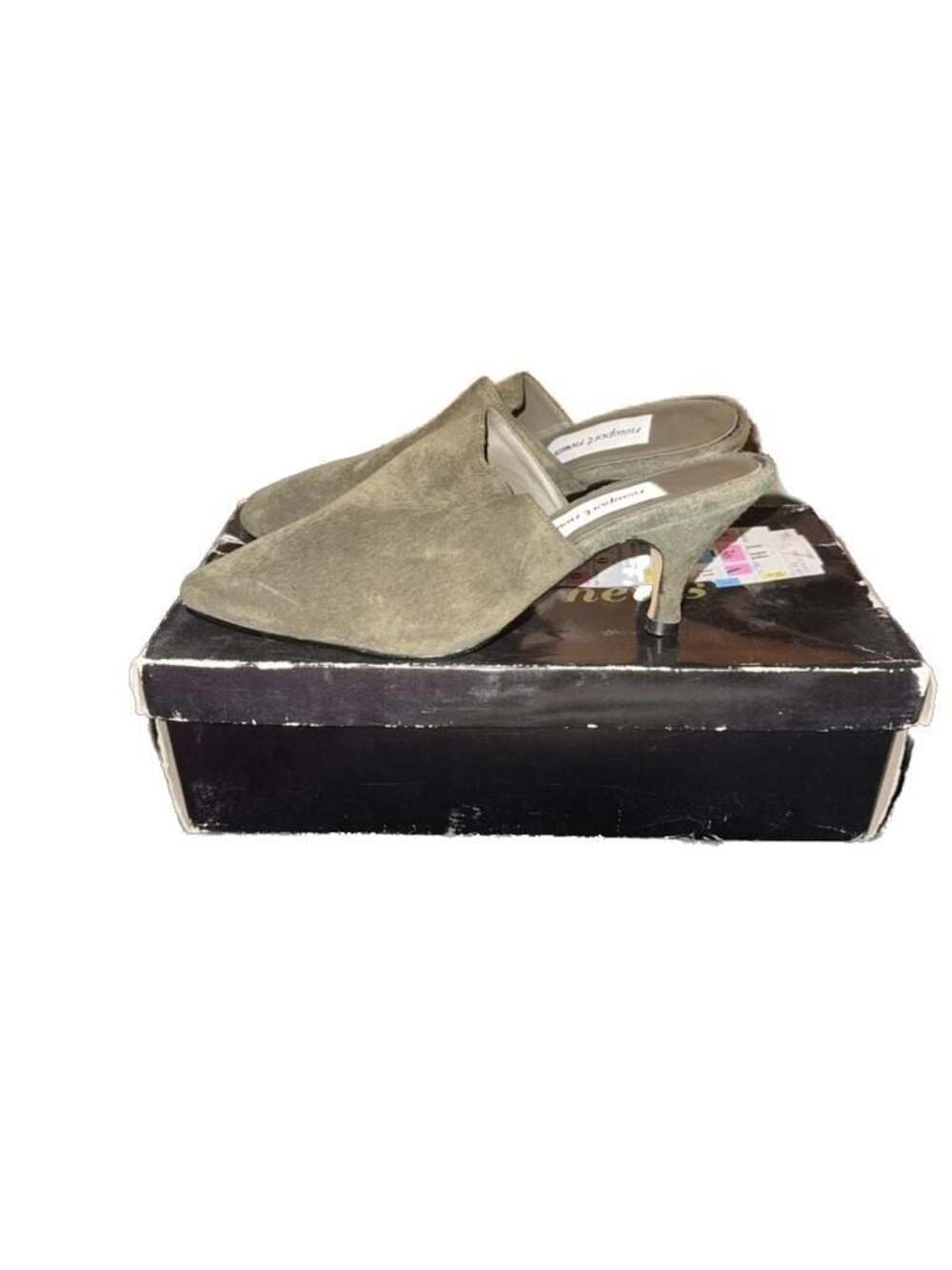 Newport News Olive Green Suede Pointed Toe Kitten Heel Mules Size 6